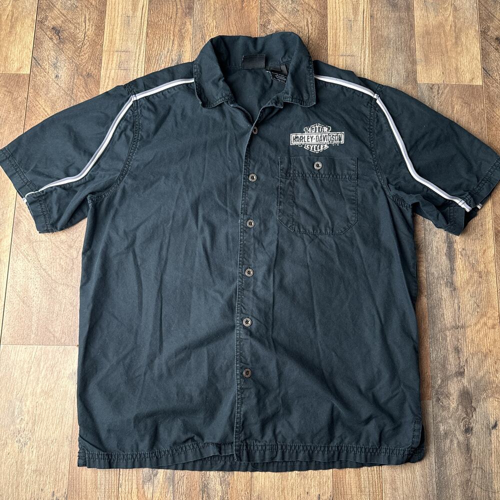 Harley Davidson Denim Shirt Men's Medium Black Motorcycle Short Sleeve 5502‎